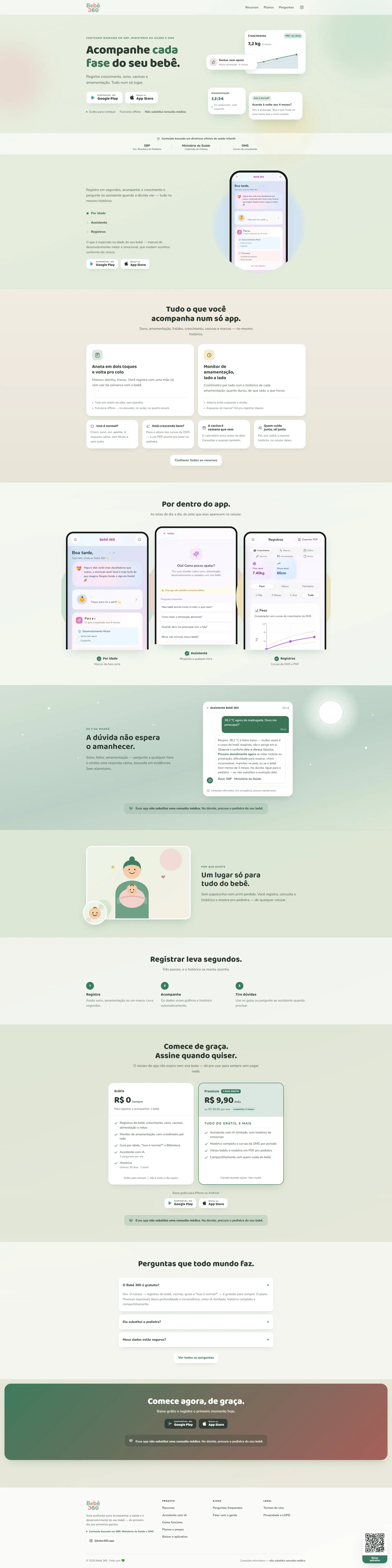 Página do Bebê 360 mostrando o registro de sono, amamentação e vacinas do bebê.