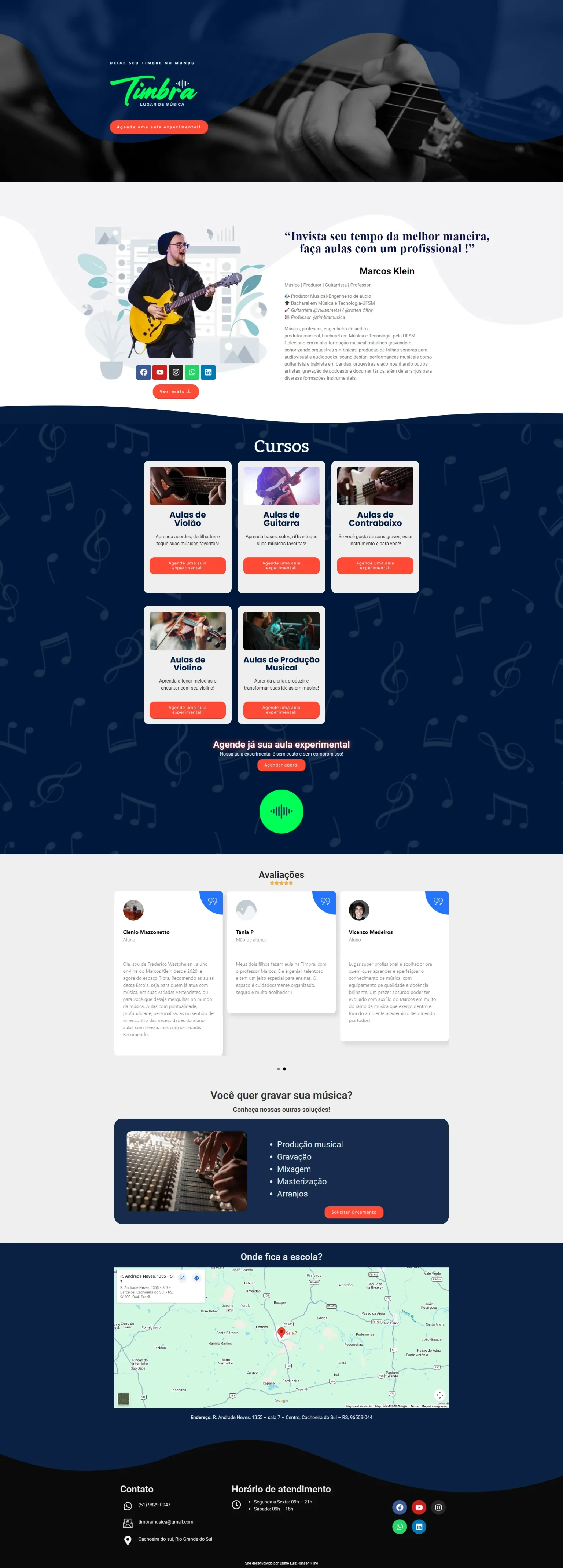 Site da Timbra Lugar de Música, escola de música e estúdio, com as modalidades de aula.